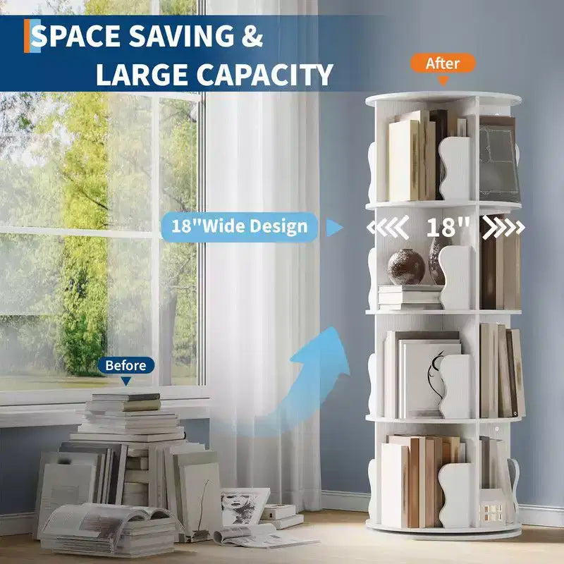 4-Tier Rotating Bookshelf Tower, 360° Spinning Corner Bookcase Storage Rack for Small Spaces