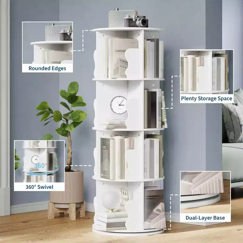 4-Tier Rotating Bookshelf Tower, 360° Spinning Corner Bookcase Storage Rack for Small Spaces