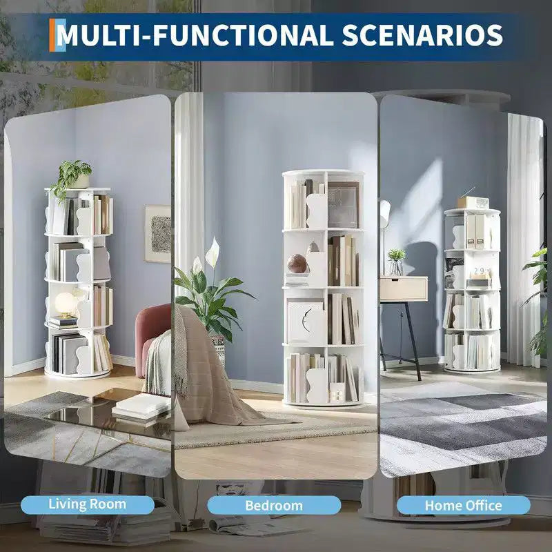 4-Tier Rotating Bookshelf Tower, 360° Spinning Corner Bookcase Storage Rack for Small Spaces