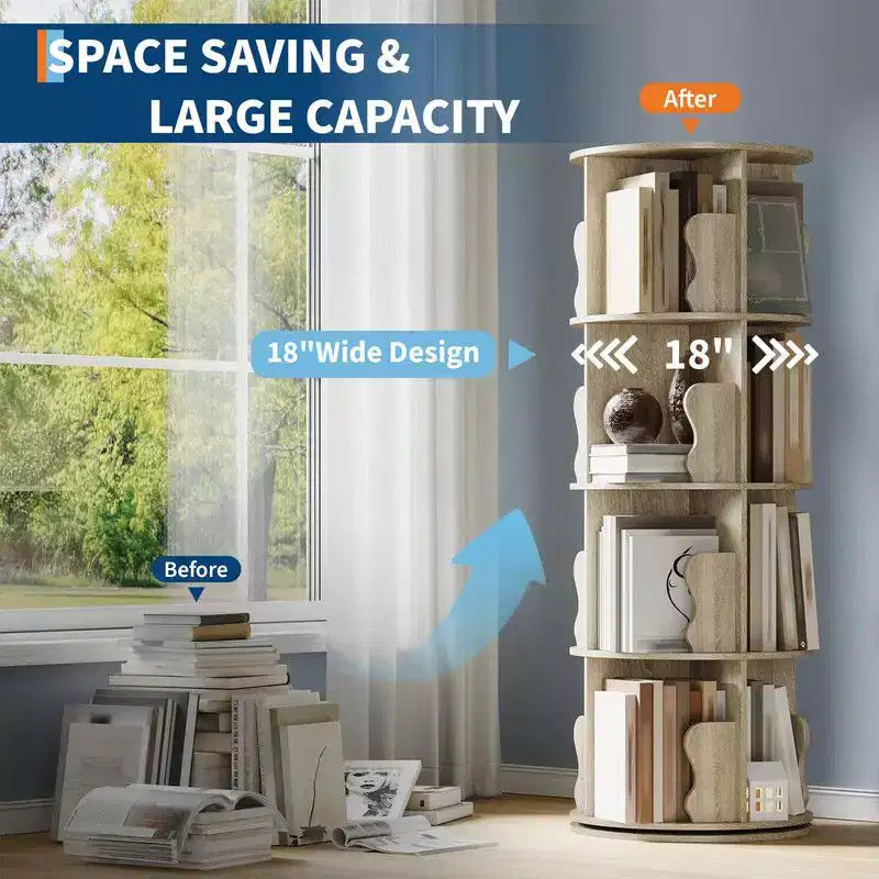 4-Tier Rotating Bookshelf Tower, 360° Spinning Corner Bookcase Storage Rack for Small Spaces