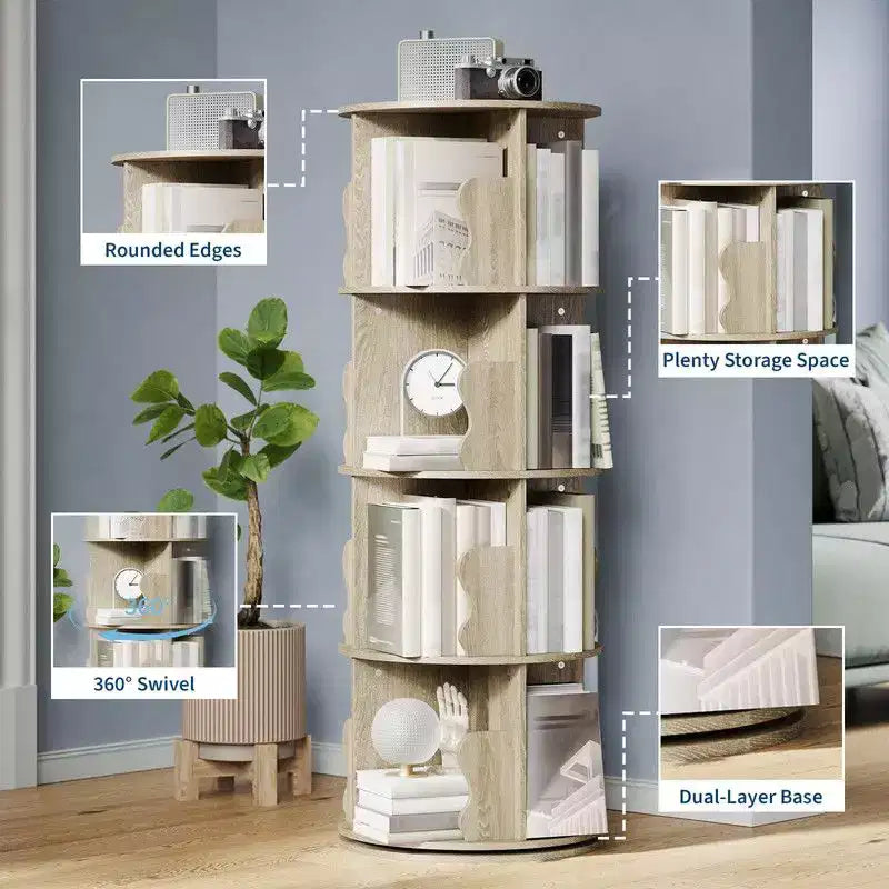4-Tier Rotating Bookshelf Tower, 360° Spinning Corner Bookcase Storage Rack for Small Spaces