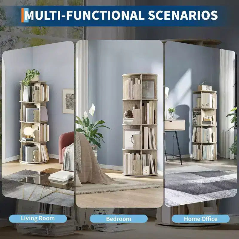 4-Tier Rotating Bookshelf Tower, 360° Spinning Corner Bookcase Storage Rack for Small Spaces