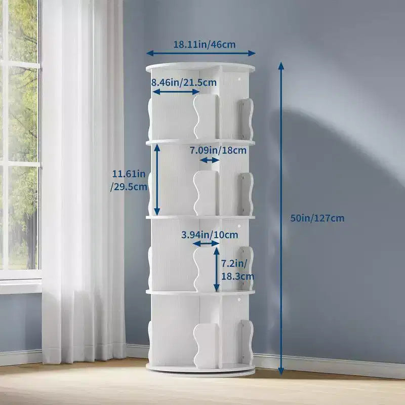 4-Tier Rotating Bookshelf Tower, 360° Spinning Corner Bookcase Storage Rack for Small Spaces