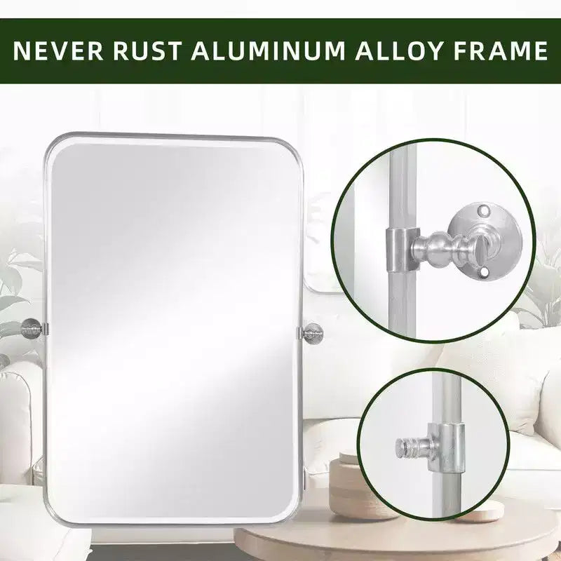 36"x24" Iron Rectangle Silver Pivot Wall Mirror, Tilting Bathroom Vanity Mirror, Adjustable for Bedroom & Living Room
