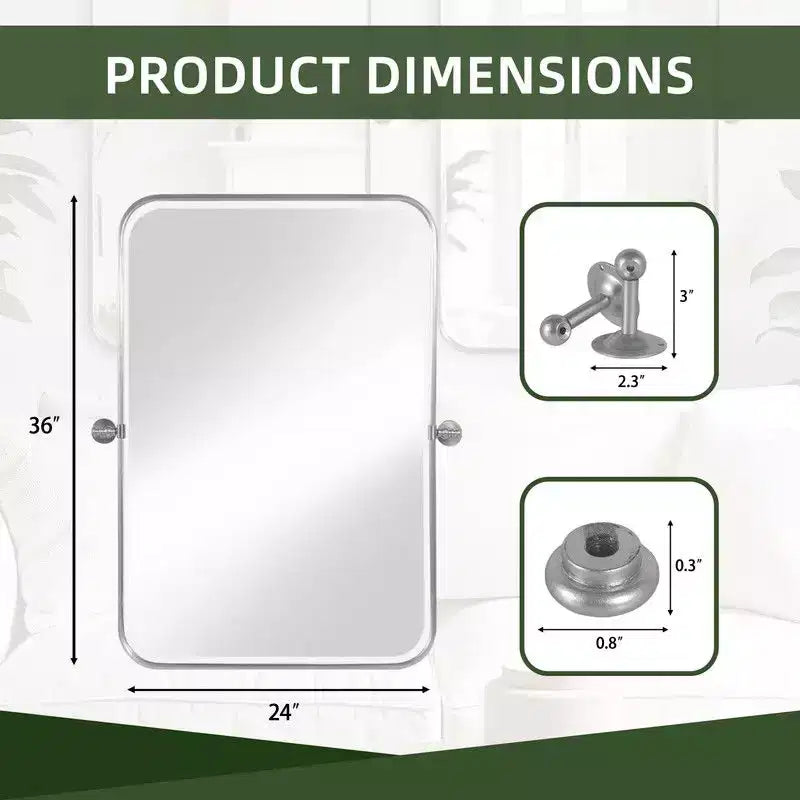 36"x24" Iron Rectangle Silver Pivot Wall Mirror, Tilting Bathroom Vanity Mirror, Adjustable for Bedroom & Living Room