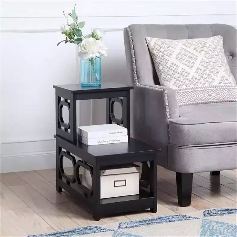 2-Step Chairside End Table with Contemporary L-Shape Design, Three-Tier Storage Shelves for Living Room or Home Office