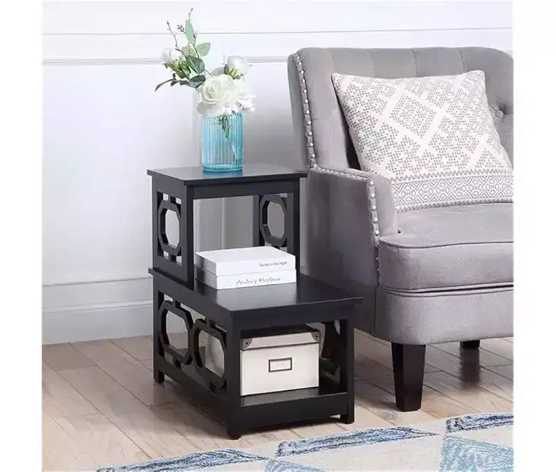 2-Step Chairside End Table with Contemporary L-Shape Design, Three-Tier Storage Shelves for Living Room or Home Office