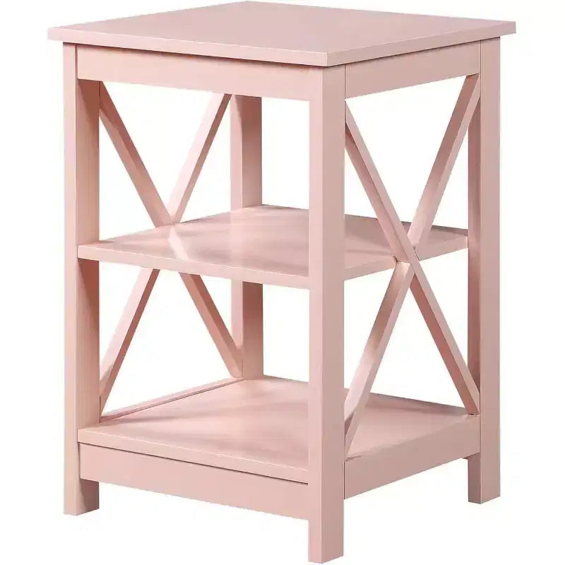 End Table with Three Open Shelves and Decorative X Frame Panels, Blush Pink, Storage Side Table for Living Room