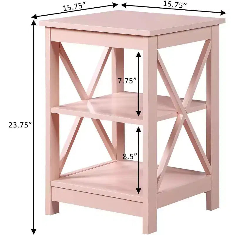 End Table with Three Open Shelves and Decorative X Frame Panels, Blush Pink, Storage Side Table for Living Room