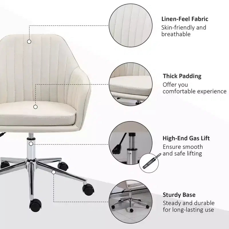 Mid Back Office Chair, Adjustable Height Upholstered Desk Chair for Living Room, Office, Study, Beige