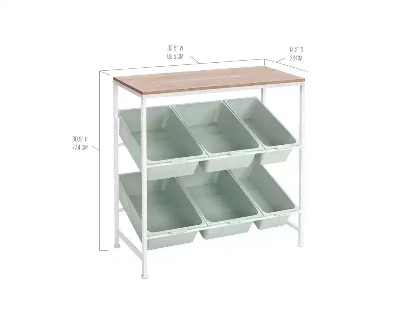 6-Bin Organizer Cart, 32.5"W x 14.2"D x 30.5"H, Steel Frame with Removable Bins