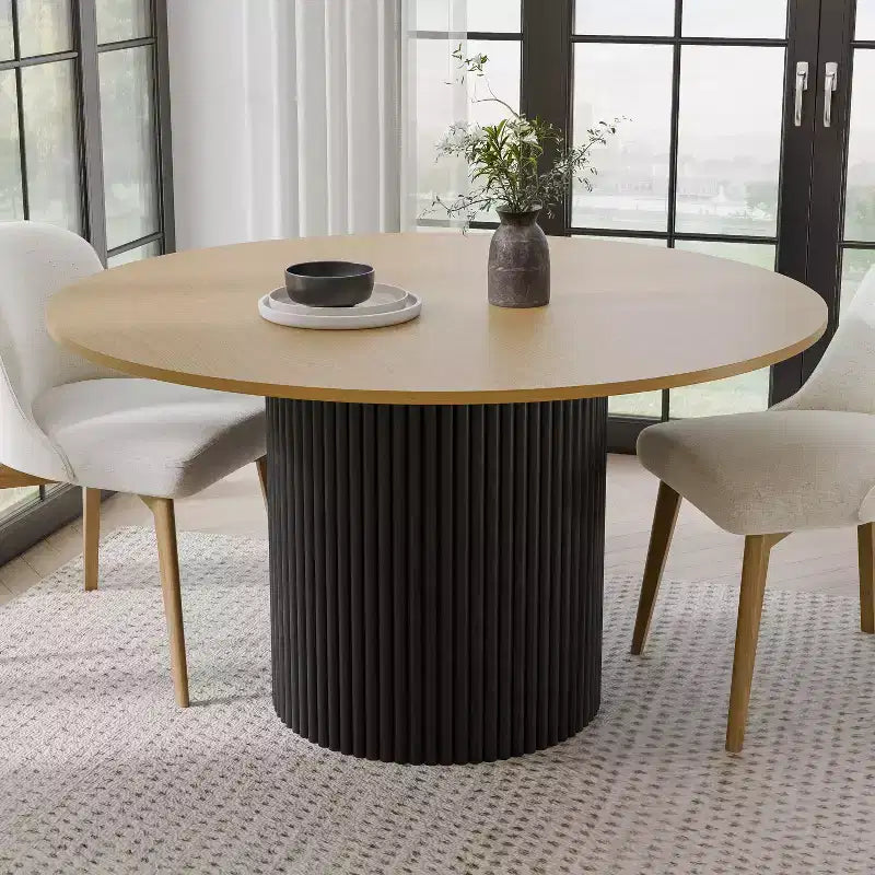 52" Solid Wood Round Dining Table for 4-6, with Concave Cylinder Legs for Living Room, Dining Room, Office, Natural