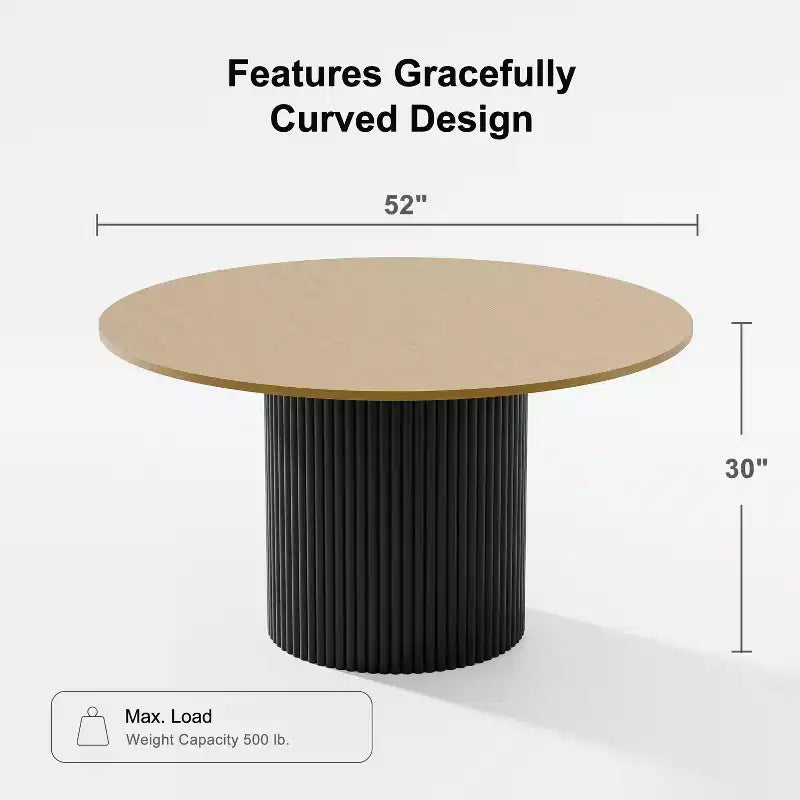 52" Solid Wood Round Dining Table for 4-6, with Concave Cylinder Legs for Living Room, Dining Room, Office, Natural