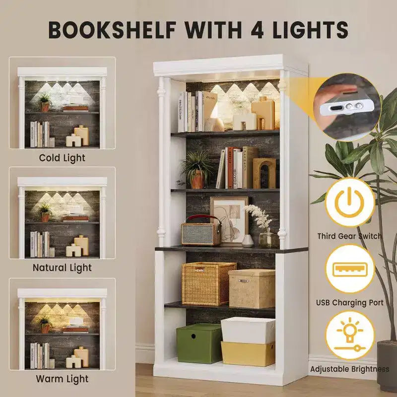 5-Tier Bookshelf with Adjustable Shelves and LED Light, Freestanding Display Cabinet for Collectibles, Bedroom, Living Room