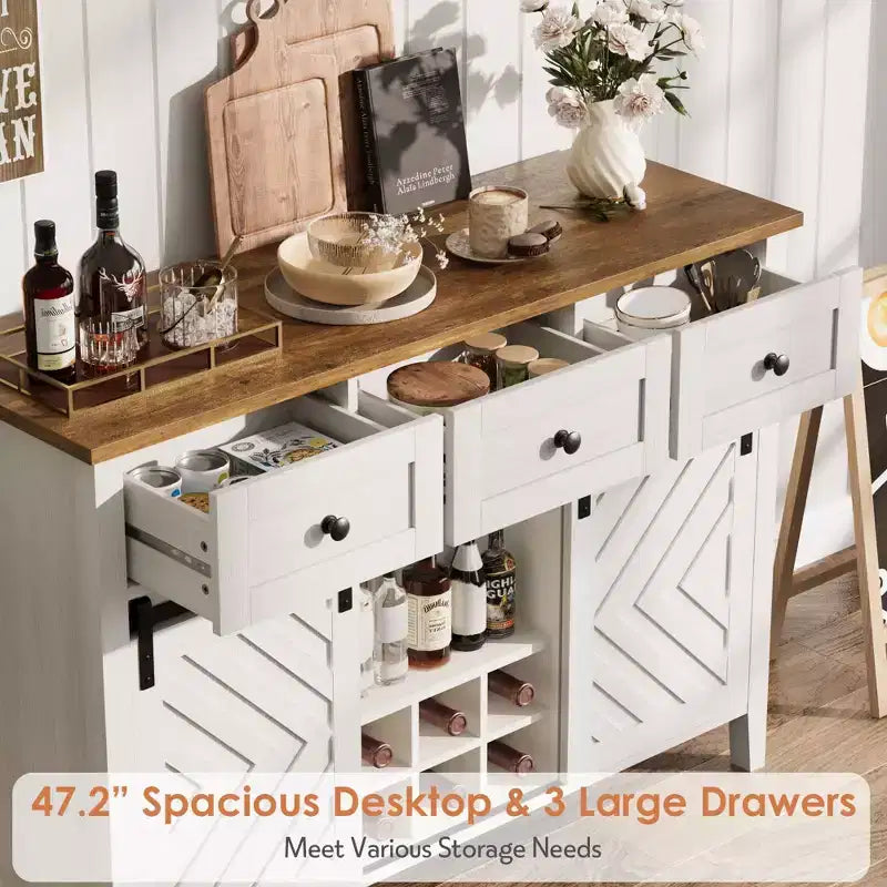 Farmhouse Coffee Station Cabinet with Sliding Barn Door, Sideboard Buffet with Wine Rack and 3 Drawers