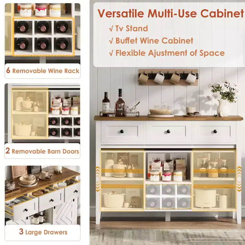 Farmhouse Coffee Station Cabinet with Sliding Barn Door, Sideboard Buffet with Wine Rack and 3 Drawers