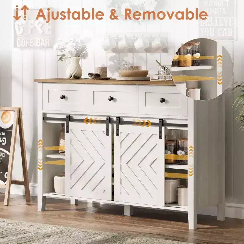 Farmhouse Coffee Station Cabinet with Sliding Barn Door, Sideboard Buffet with Wine Rack and 3 Drawers