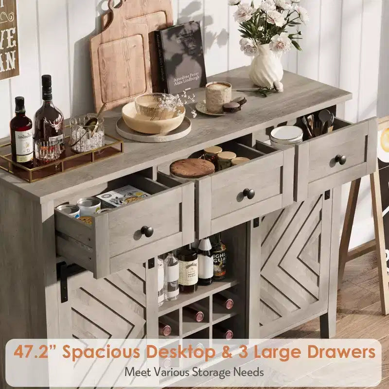 Farmhouse Coffee Station Cabinet with Sliding Barn Door, Sideboard Buffet with Wine Rack and 3 Drawers
