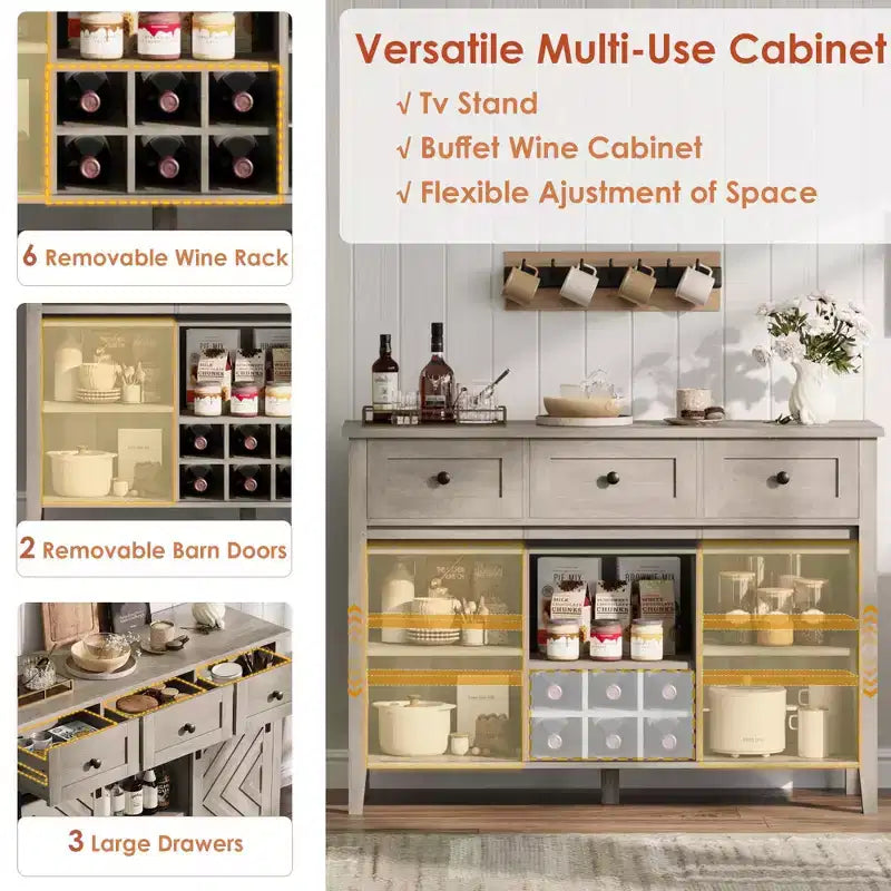 Farmhouse Coffee Station Cabinet with Sliding Barn Door, Sideboard Buffet with Wine Rack and 3 Drawers