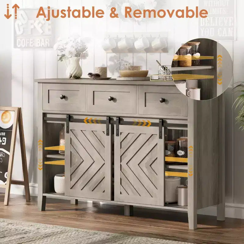 Farmhouse Coffee Station Cabinet with Sliding Barn Door, Sideboard Buffet with Wine Rack and 3 Drawers