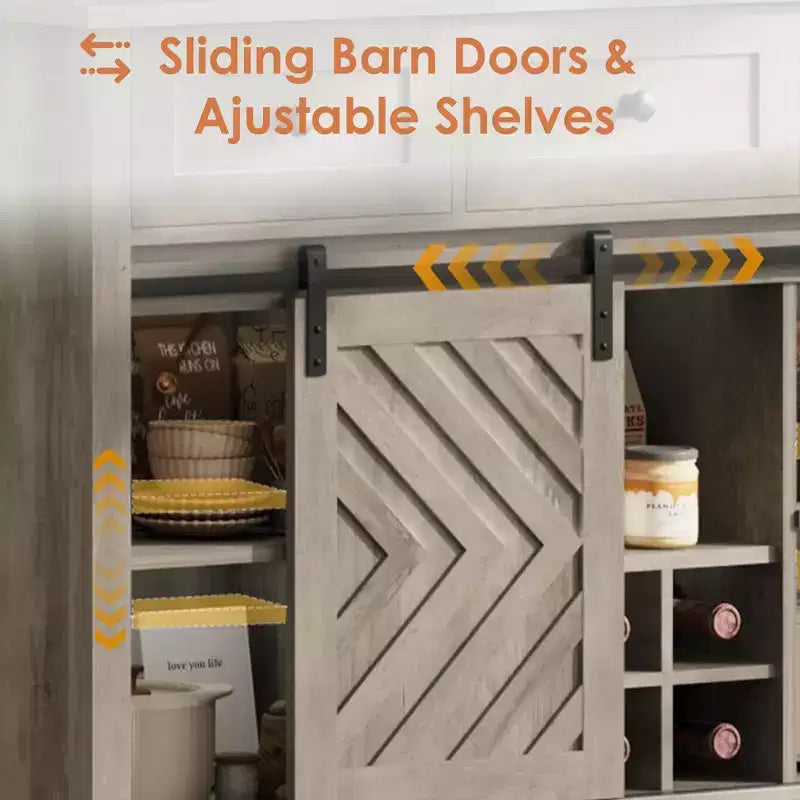 Farmhouse Coffee Station Cabinet with Sliding Barn Door, Sideboard Buffet with Wine Rack and 3 Drawers