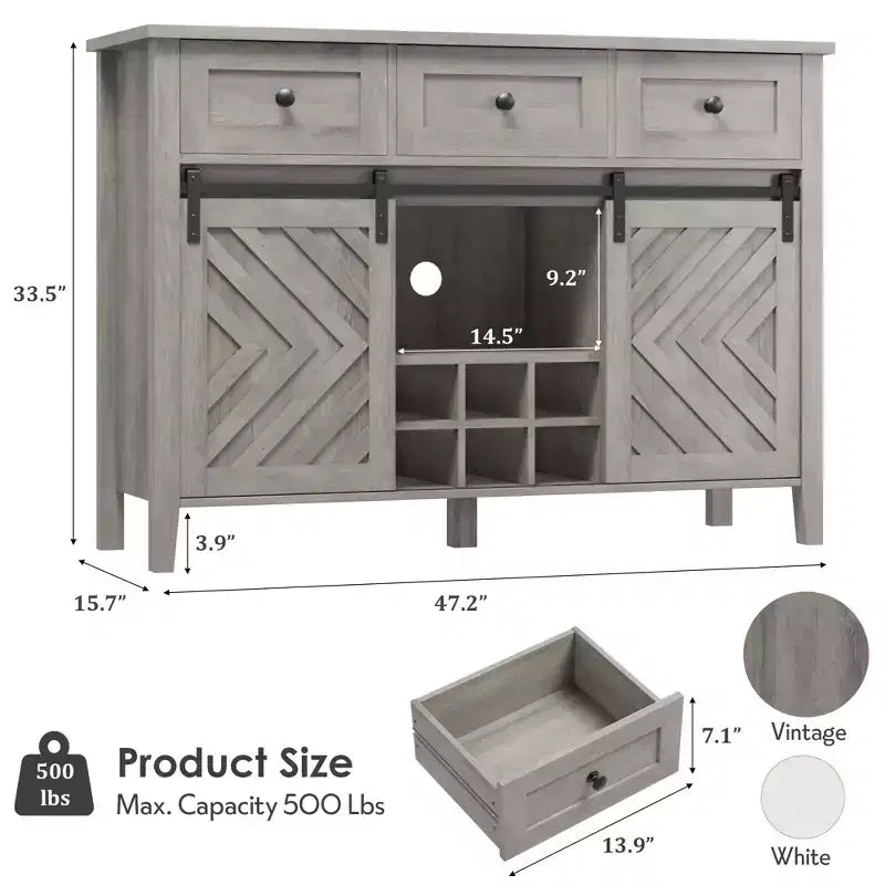 Farmhouse Coffee Station Cabinet with Sliding Barn Door, Sideboard Buffet with Wine Rack and 3 Drawers