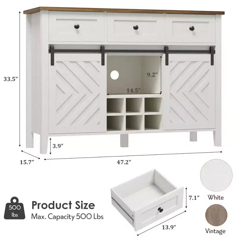 Farmhouse Coffee Station Cabinet with Sliding Barn Door, Sideboard Buffet with Wine Rack and 3 Drawers