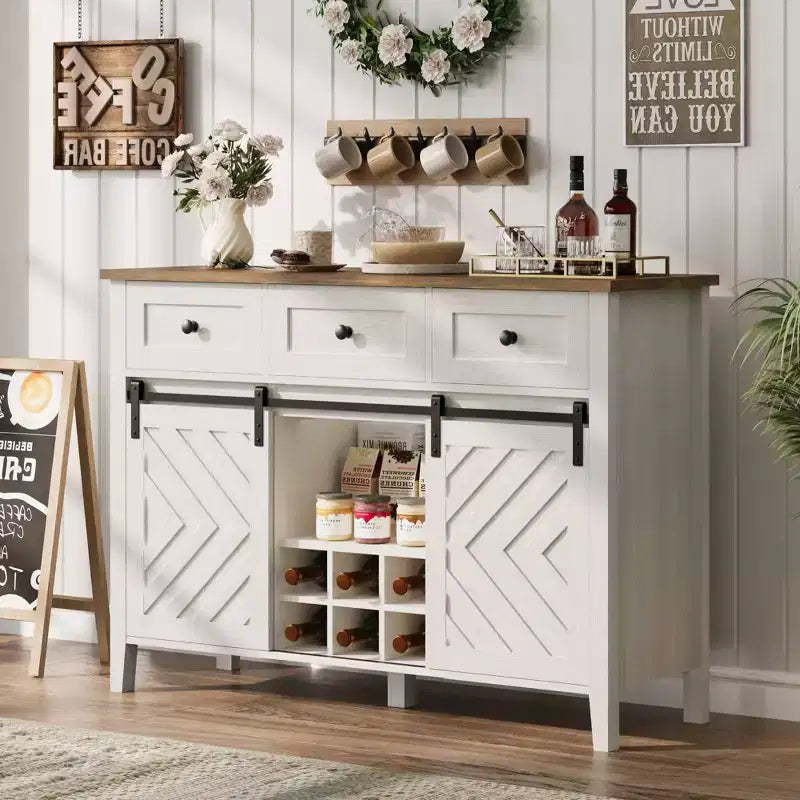 Farmhouse Coffee Station Cabinet with Sliding Barn Door, Sideboard Buffet with Wine Rack and 3 Drawers