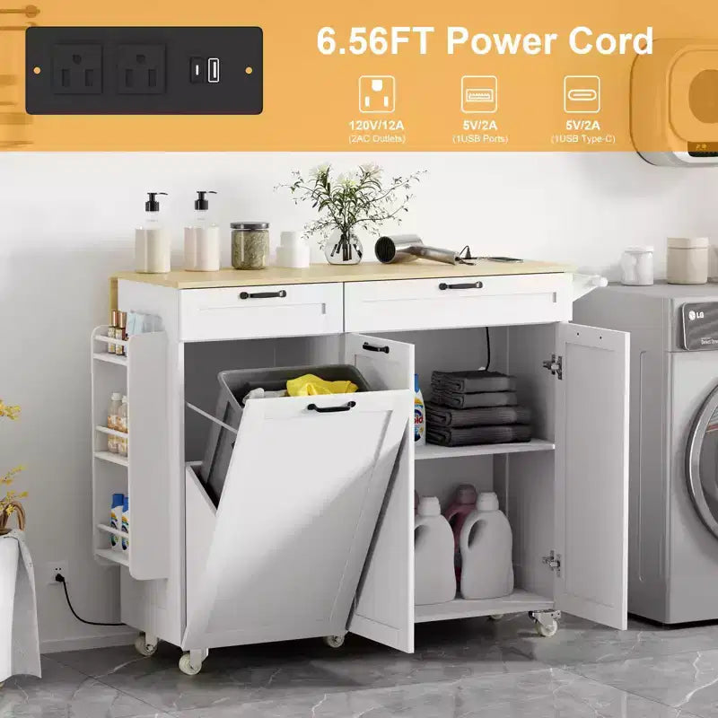 Mobile Kitchen Island with Power Outlet & Drop Leaf, Multi-Functional Rolling Cart with Storage, Spice Rack and Towel Bar