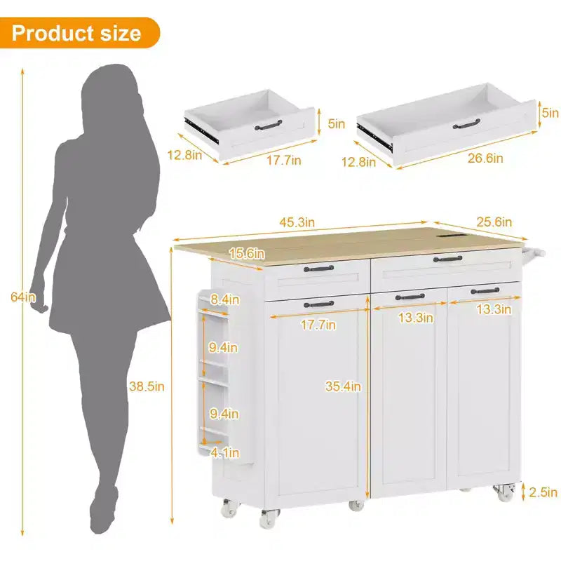 Mobile Kitchen Island with Power Outlet & Drop Leaf, Multi-Functional Rolling Cart with Storage, Spice Rack and Towel Bar