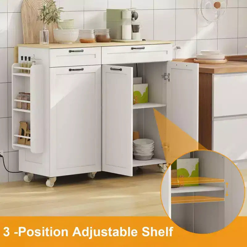 Mobile Kitchen Island with Power Outlet & Drop Leaf, Multi-Functional Rolling Cart with Storage, Spice Rack and Towel Bar