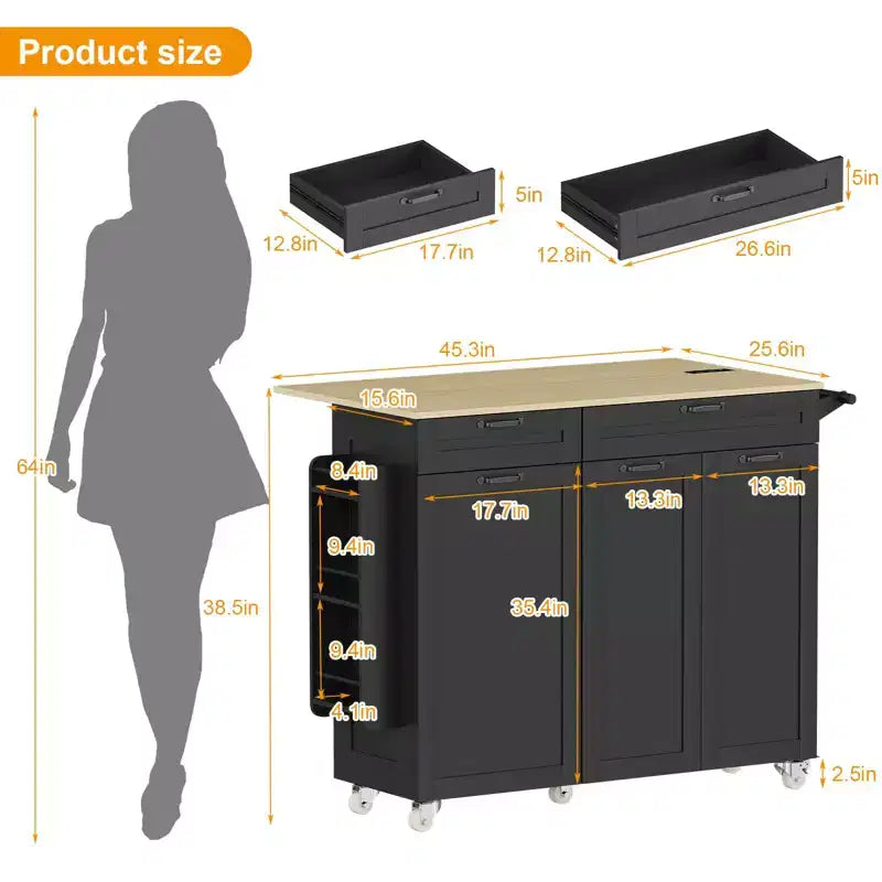 Mobile Kitchen Island with Power Outlet & Drop Leaf, Multi-Functional Rolling Cart with Storage, Spice Rack and Towel Bar