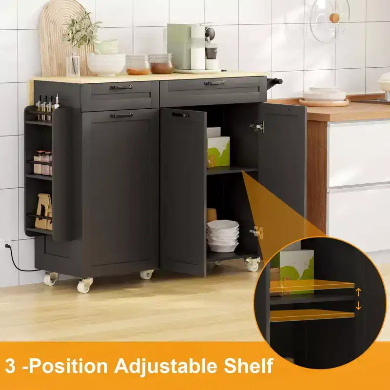Mobile Kitchen Island with Power Outlet & Drop Leaf, Multi-Functional Rolling Cart with Storage, Spice Rack and Towel Bar