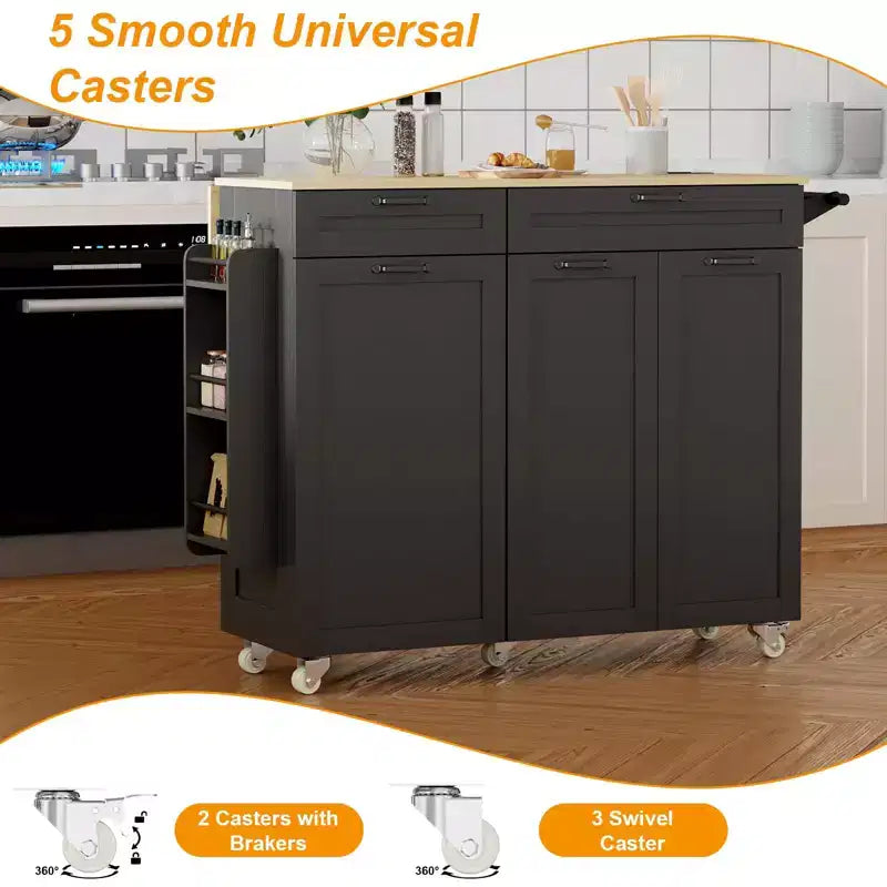 Mobile Kitchen Island with Power Outlet & Drop Leaf, Multi-Functional Rolling Cart with Storage, Spice Rack and Towel Bar