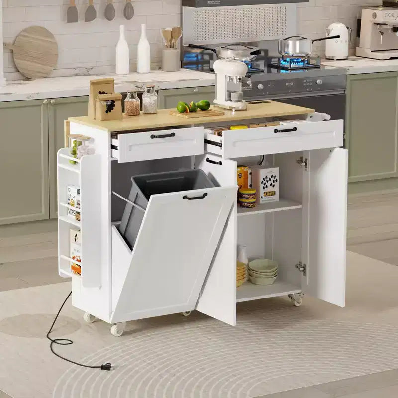 Mobile Kitchen Island with Power Outlet & Drop Leaf, Multi-Functional Rolling Cart with Storage, Spice Rack and Towel Bar