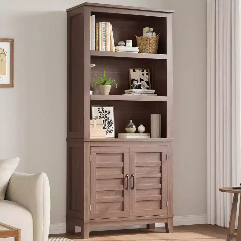 Bookcase with Door 5 Tier Storage Bookshelf Wooden Farmhouse Bookshelves Rustic Vintage Etagere Walnut Cabinet for Home Office,Living Room,Bed Room
