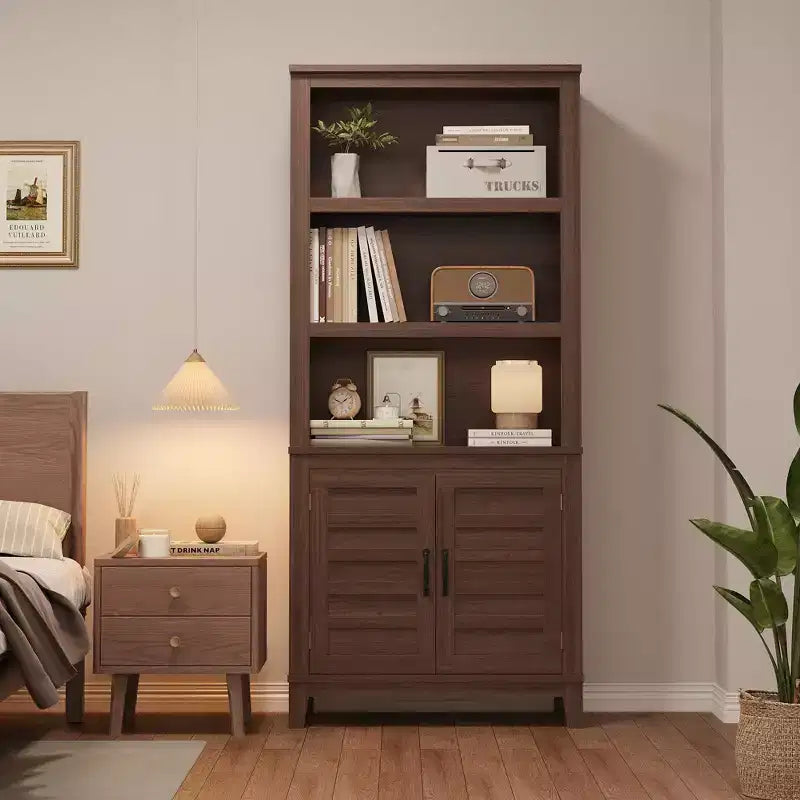 Bookcase with Door 5 Tier Storage Bookshelf Wooden Farmhouse Bookshelves Rustic Vintage Etagere Walnut Cabinet for Home Office,Living Room,Bed Room