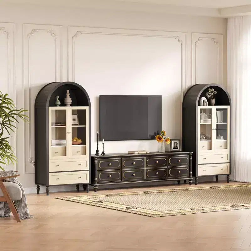 70 Tall Arched Storage Cabinet with Adjustable Shelves, Modern LED Lighted Wooden Pantry Cabinet with Tempered Glass Doors & 3 Drawers