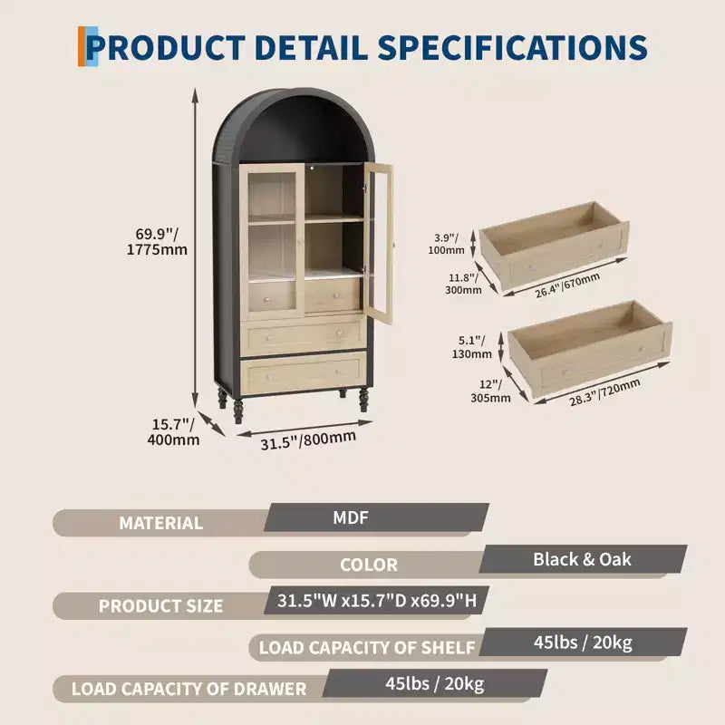 70 Tall Arched Storage Cabinet with Adjustable Shelves, Modern LED Lighted Wooden Pantry Cabinet with Tempered Glass Doors & 3 Drawers