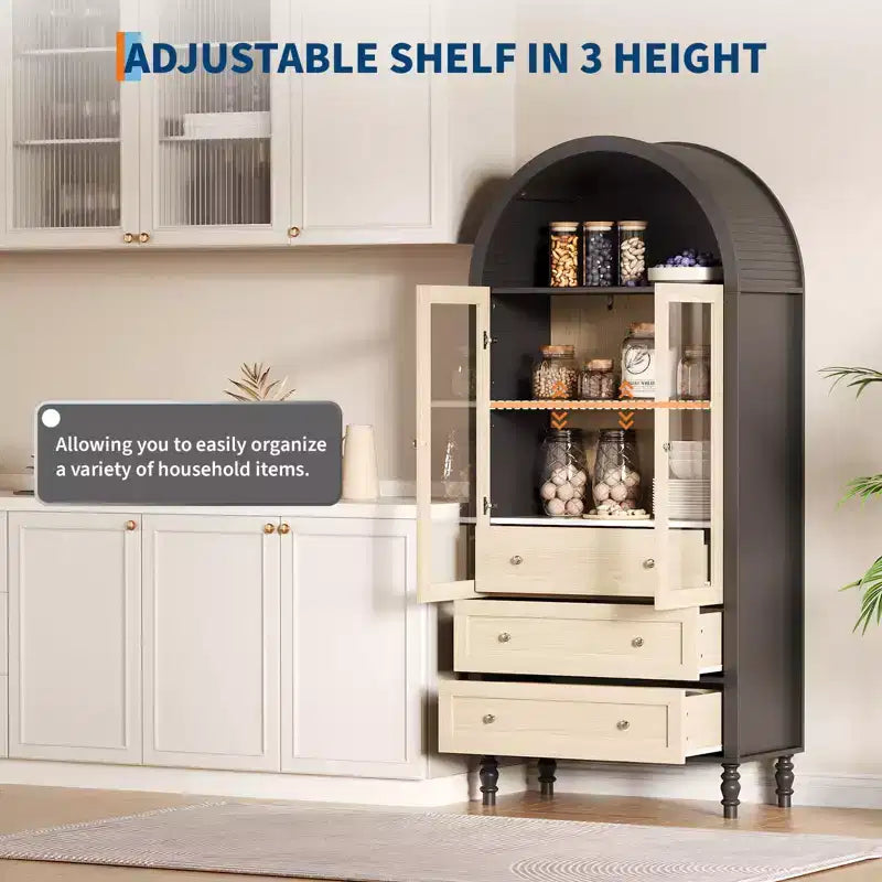 70 Tall Arched Storage Cabinet with Adjustable Shelves, Modern LED Lighted Wooden Pantry Cabinet with Tempered Glass Doors & 3 Drawers