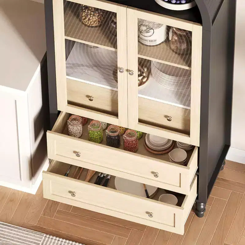 70 Tall Arched Storage Cabinet with Adjustable Shelves, Modern LED Lighted Wooden Pantry Cabinet with Tempered Glass Doors & 3 Drawers