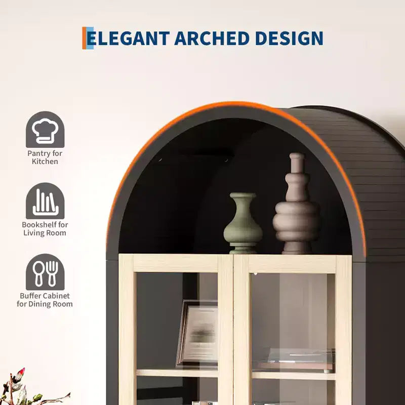 70 Tall Arched Storage Cabinet with Adjustable Shelves, Modern LED Lighted Wooden Pantry Cabinet with Tempered Glass Doors & 3 Drawers