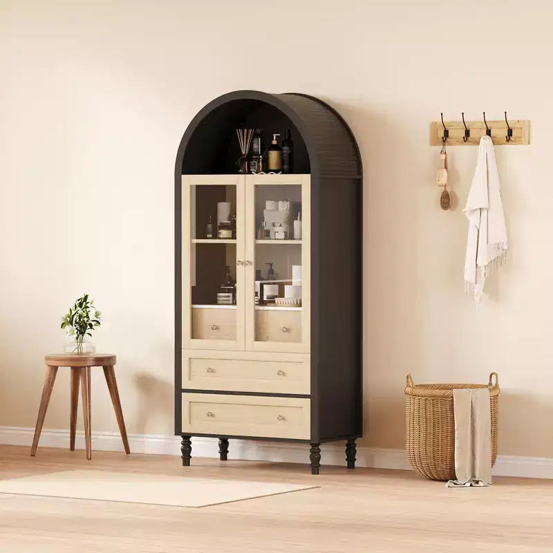 70 Tall Arched Storage Cabinet with Adjustable Shelves, Modern LED Lighted Wooden Pantry Cabinet with Tempered Glass Doors & 3 Drawers