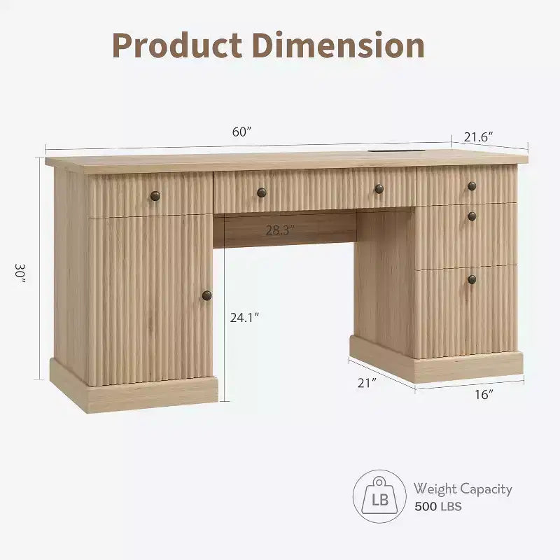 60" Home Office Desk with Charging Station, File Drawer & Fluted Panel Design for Study Room