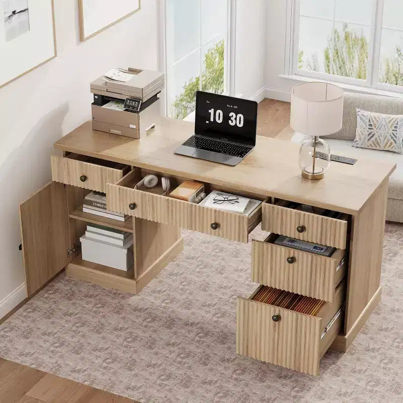 60" Home Office Desk with Charging Station, File Drawer & Fluted Panel Design for Study Room