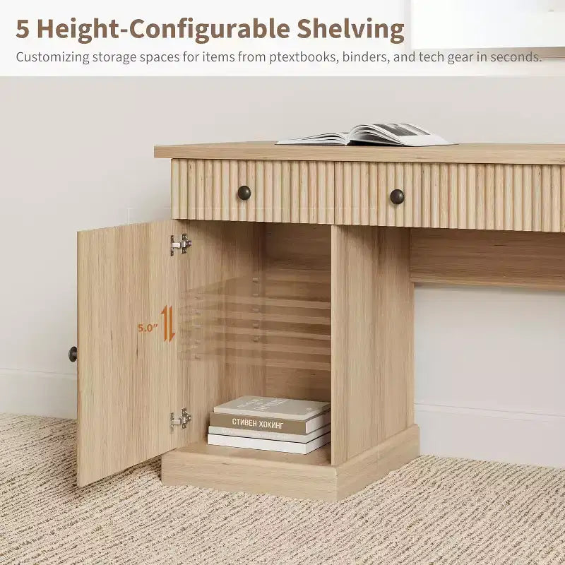 60" Home Office Desk with Charging Station, File Drawer & Fluted Panel Design for Study Room