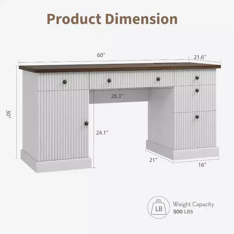 60" Home Office Desk with Charging Station, File Drawer & Fluted Panel Design for Study Room