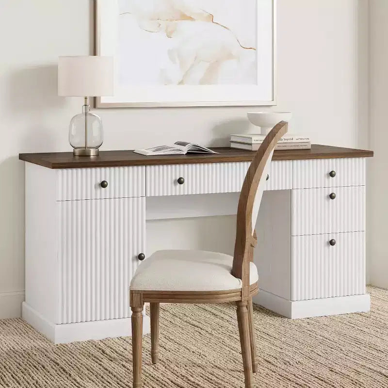 60" Home Office Desk with Charging Station, File Drawer & Fluted Panel Design for Study Room