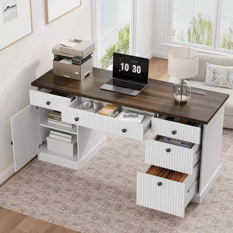 60" Home Office Desk with Charging Station, File Drawer & Fluted Panel Design for Study Room