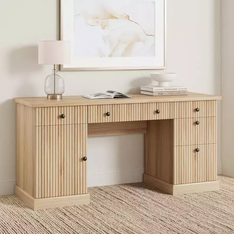 60" Home Office Desk with Charging Station, File Drawer & Fluted Panel Design for Study Room